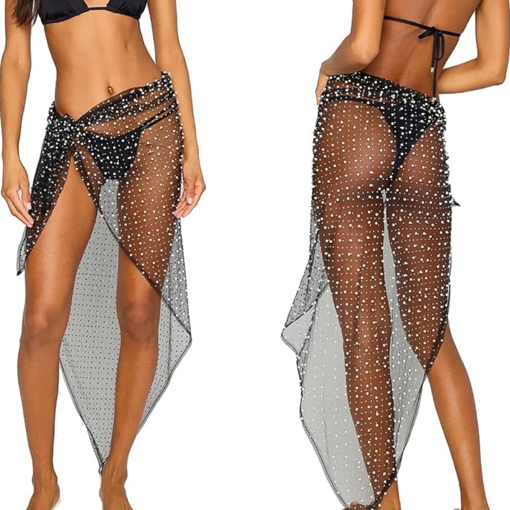 Pearl Swimsuit Cover Up for Women, Rhinestone Beach Sarong Bathing Suit Cover Up